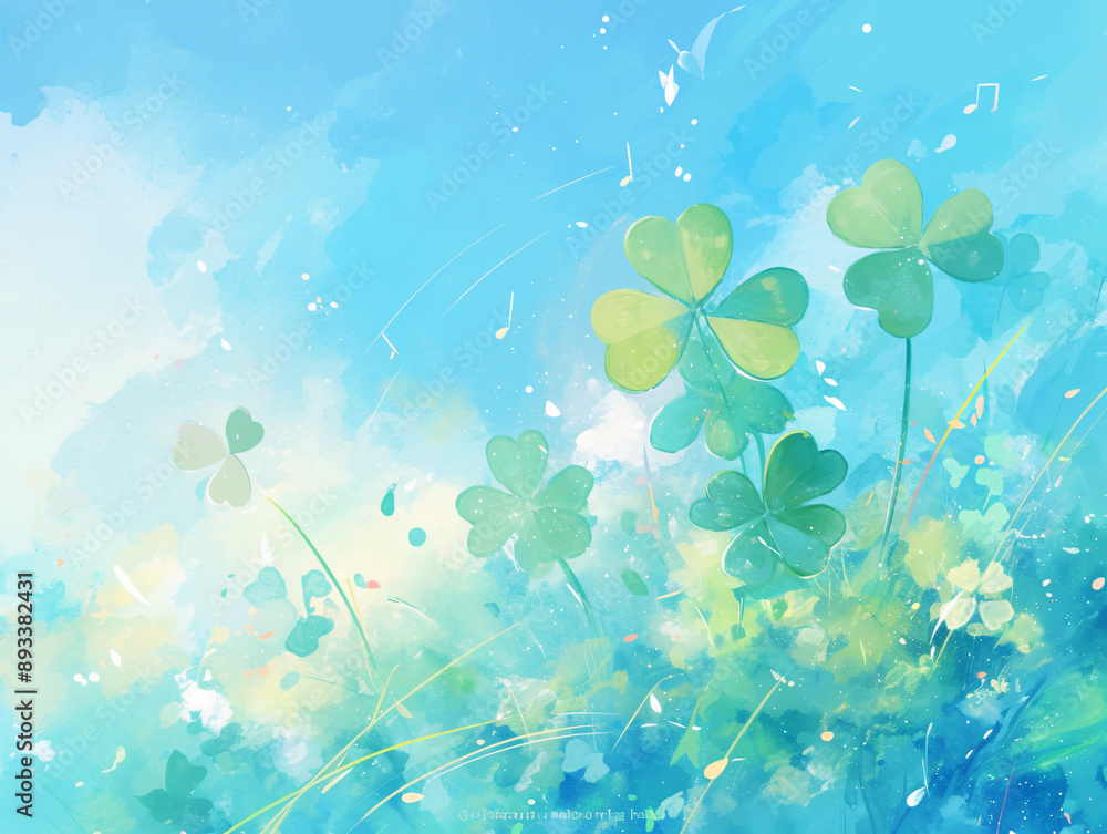 Aufkleber soft green clovers in a dreamy blue background with a gentle watercolor effect creating a serene atm