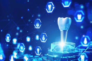 Digital dental implant surrounded by glowing hexagons symbolizing advanced innovative technologies in dentistry