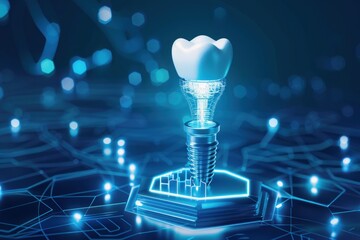 Digital dental implant surrounded by glowing hexagons symbolizing advanced innovative technologies in dentistry