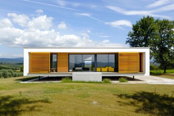 Obraz premium A modern wooden house painted white with yellow accents