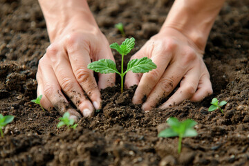 Hands Planting Seedling in Soil 