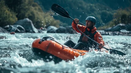 a person engaged in kayaking. adventure and excitement due to rough water and the kayaker's active interaction with the environment.