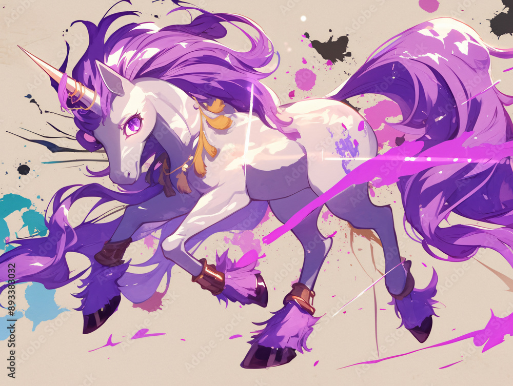 Poster playful unicorn illustration with vibrant colors and dynamic motion surrounded by splashes of paint 