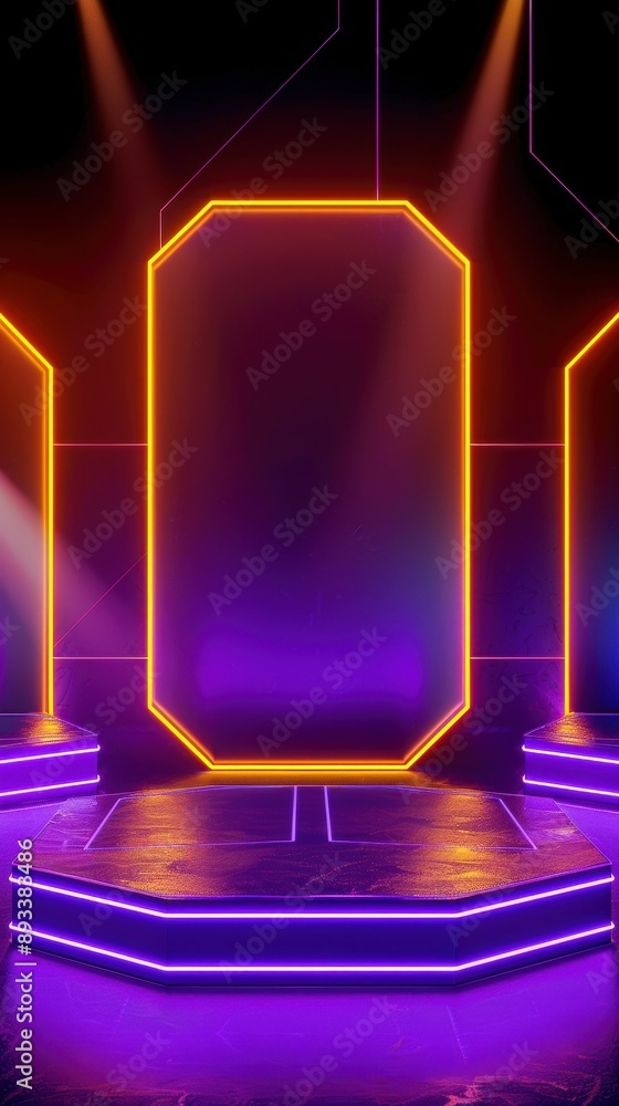 Aufkleber a neon stage with multiple octagon frames glowing with orange and purple lights. the futuristic desi