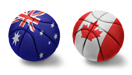 basketball balls with the national flags of canada and australia on the white background.