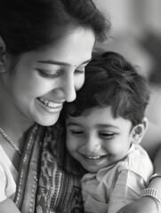 A mother holds a young child close to her chest