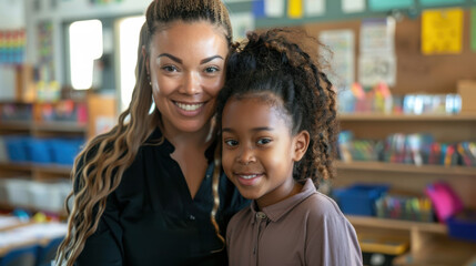 An enthusiastic young teacher and a seasoned teacher in a kindergarten classroom, both looking at the camera with pride.
