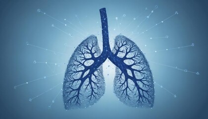 Human lungs anatomy form lines and triangles, point connecting network on blue background, 3d digital vector illustration created with generative ai.