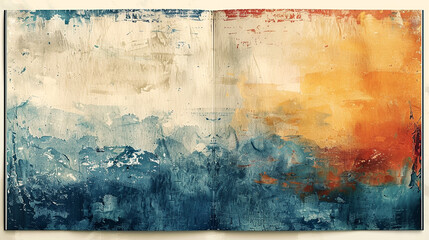 Abstract watercolor painting in blue, orange, and beige