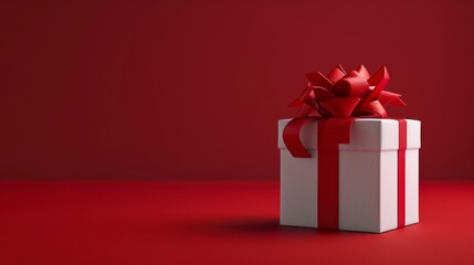 White gift box with red ribbon on red background. Perfect for holiday celebrations. A simple and elegant present idea. Great for birthdays and more.