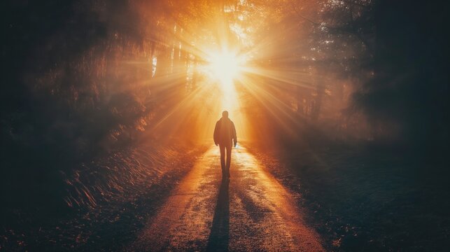 A man walking down a straight path towards a bright light