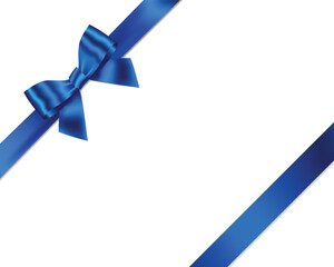 Blue Ribbon Bow Realistic shiny satin with shadow place on corner of paper for decorate your wedding invitation card ,father's day card , certificate or gift boxes vector EPS10 isolated on white