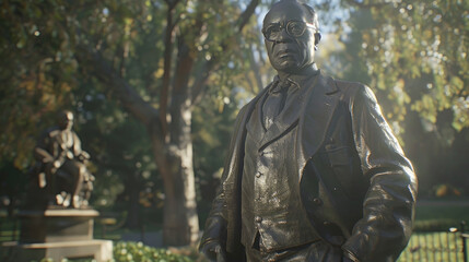 A bronze statue of a man in a suit and glasses stands in a park on a sunny day