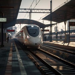 Fototapeta premium A modern train station in the golden hour with high-speed trains and geometric architecture