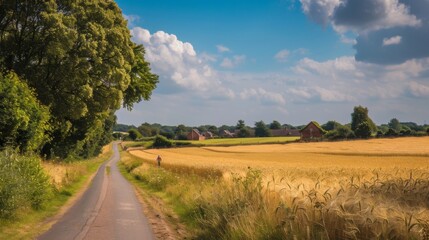 Picturesque countryside road beside golden wheat fields under a vivid blue sky