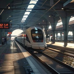 Fototapeta premium A modern train station in the golden hour with high-speed trains and geometric architecture