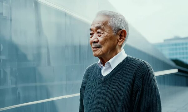 Portrait of a Chinese man in his 80s in a modern architectural background wearing a chic cardigan