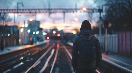 Obraz premium Person waiting on empty railway platform at sunset, wearing a hooded jacket and backpack.