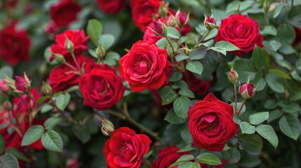 Obraz premium A bush of red roses, with buds and blooms at various stages of growth.