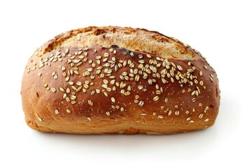 Fresh whole loaf country bread covered with seeds isolated on solid white background