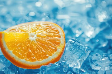 Fresh orange slice in ice cubes background