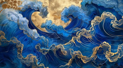 Golden Waves Mesmerizing Abstract Design in Blue and Gold Closeup of Swirling Clouds Capturing the Beauty of Nature and Artistry