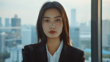Asian businesswoman boss in business suit sitting at table in her office