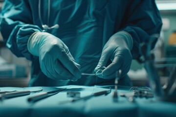 surgeon in an operating room, steady and precise gloved hands delicately manipulate surgical instruments