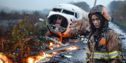 Rescuer woman in uniform, background of an airplane crash, smoke disaster on fire. Regular transport aviation emergency.