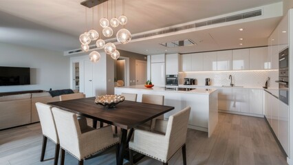 A kitchen and living room with a dining table in the middle, AI
