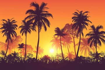 Silhouette of Palm Trees at Sunset in a Tropical Paradise