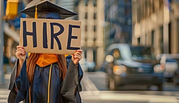 Young girl student in graduation gown and cap standing on city street holding a sign saying HIRE ME, seeking a job with a degree, young graduate looking for employment