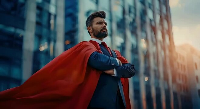 Confident businessman in business attire with arms crossed, wearing a red superhero cape, symbolizing power and leadership, office hero, business confidence