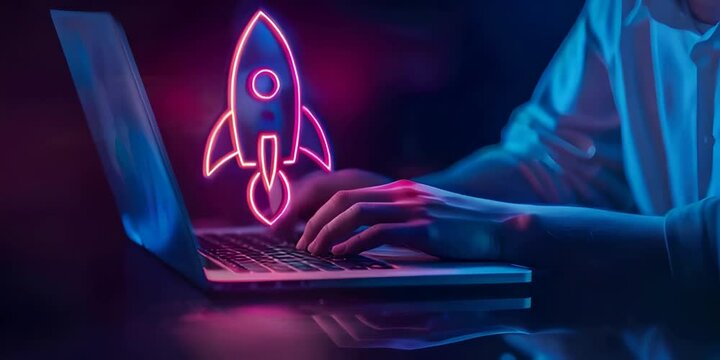 Person typing on a laptop with a glowing neon rocket icon on the screen representing digital innovation and progress, tech advancement, neon light, creative ideas