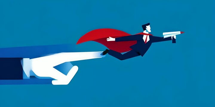 Flat vector illustration of a hand holding a superhero businessman flying in the air symbolizing support and empowerment, business success, superhero support, career boost