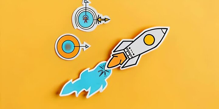 Paper cut out of a rocket flying on a yellow background in cartoon style with line art representing creativity and imagination, cartoon rocket, creative flight