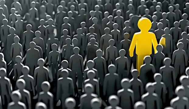 Yellow person figure standing out from a crowd of grey figures, symbolizing individuality and leadership, standout person, unique identity, crowd differentiation