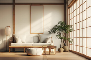 Home interior in japanese style, wall mockup in living room background. Digital illustration. 
