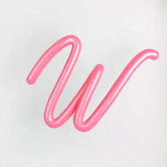 3D Pink Script Uppercase Letter W on light background. Cute Cursive Bubble typography symbol vector illustration.