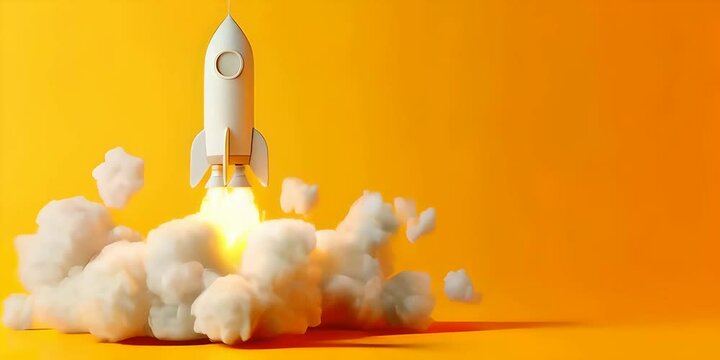 Illustration of a rocket taking off with smoke on a yellow background symbolizing business success and new ventures, rocket launch, startup growth, dynamic achievement