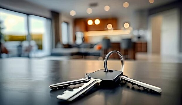 Set of keys with the apartment door key on top placed in focus on an empty table, representing a real estate concept, property acquisition, home ownership, real estate transaction