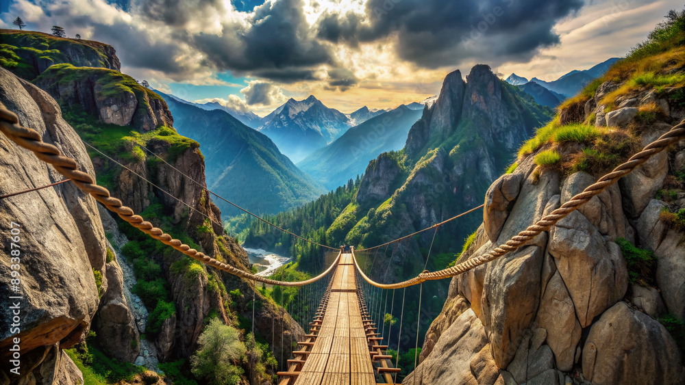 Wall mural Rugged mountainous terrain stretches beneath a precarious, suspended rope bridge, evoking a sense of daring adventure and perilous challenge in an untamed wilderness landscape.