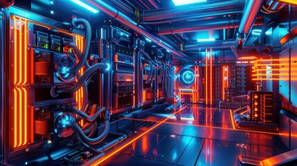 corporate data center with a futuristic cooling system, fiber optic cables, and a neon-lit ambiance