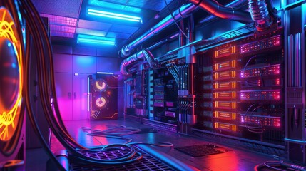 corporate data center with a futuristic cooling system, fiber optic cables, and a neon-lit ambiance
