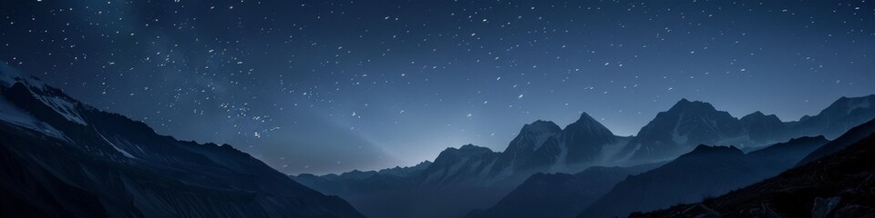 Obraz premium Ethereal Light Beam Piercing Mountain Darkness: Majestic Nocturnal Alpine Landscape. High-Altitude Adventure Meets Celestial Wonder in Nature's Grandeur. Mystical 4K Wallpaper Capturing Humanity's Con