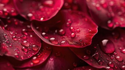 A close-up of red rose petals, with morning dew drops enhancing their beauty.