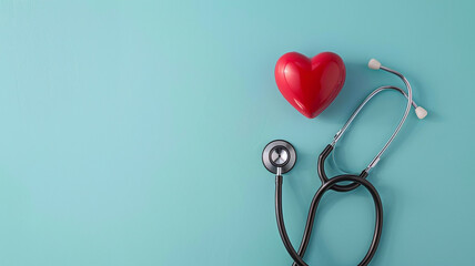 A heart with stethoscope on light blue background