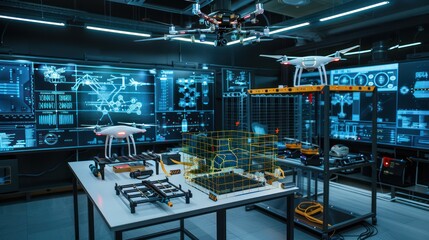 Naklejka premium corporate drone development lab with prototypes, testing cages, and digital flight paths displayed on screens