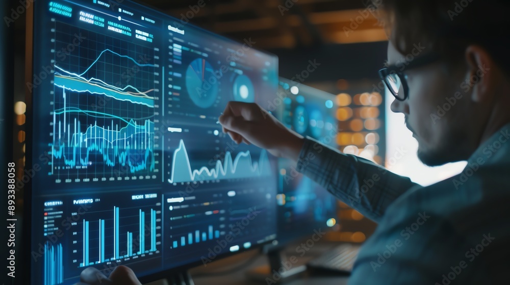 Aufkleber a businessman analyzes data on a large monitor in a dimly lit office. he is focused on the graphs an