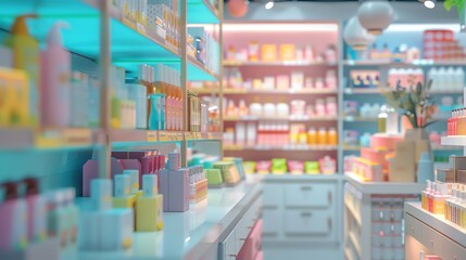 A brightly lit aisle in a store filled with colorful bottles of beauty products on shelves.